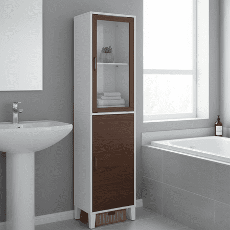 Teamson Home Tyler Modern Wooden Linen Tower Tall Storage Cabinet with Two Doors, Walnut/White