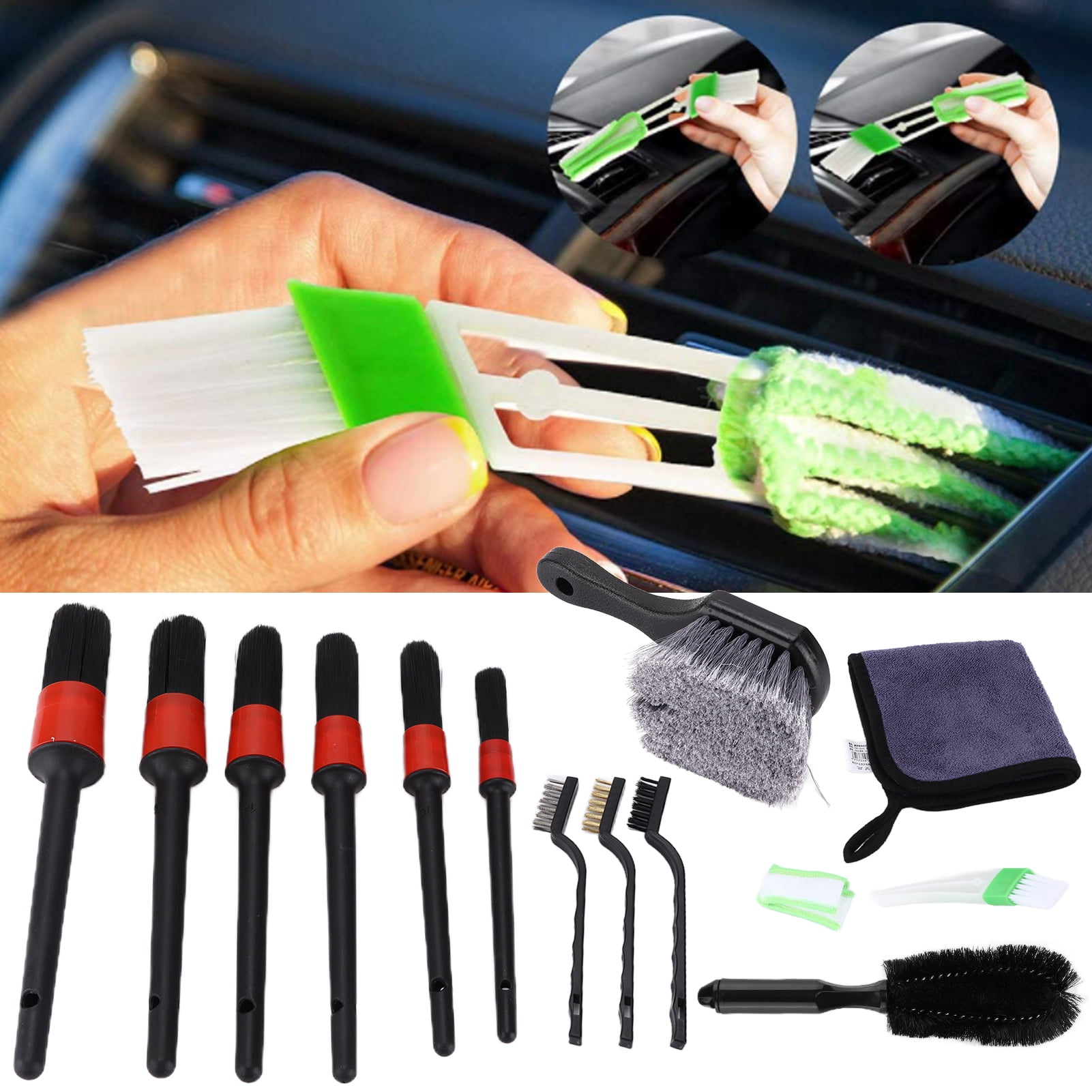 Rupoun 14pcs Car Detailing Brush Kit with Microfiber Cloths and Wire Brushes for Cleaning Wheel, Interior, Dashboard, and Engine Components - 10.63 inches / 27 cm Length Pack