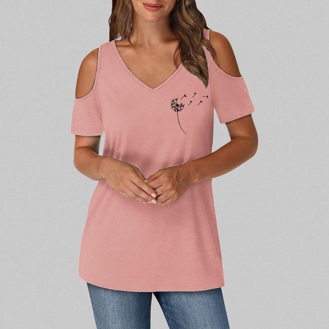 JMKQLZ Women's Printing Blouses Short Sleeved V-Neck Off Shoulder Fashionable Top