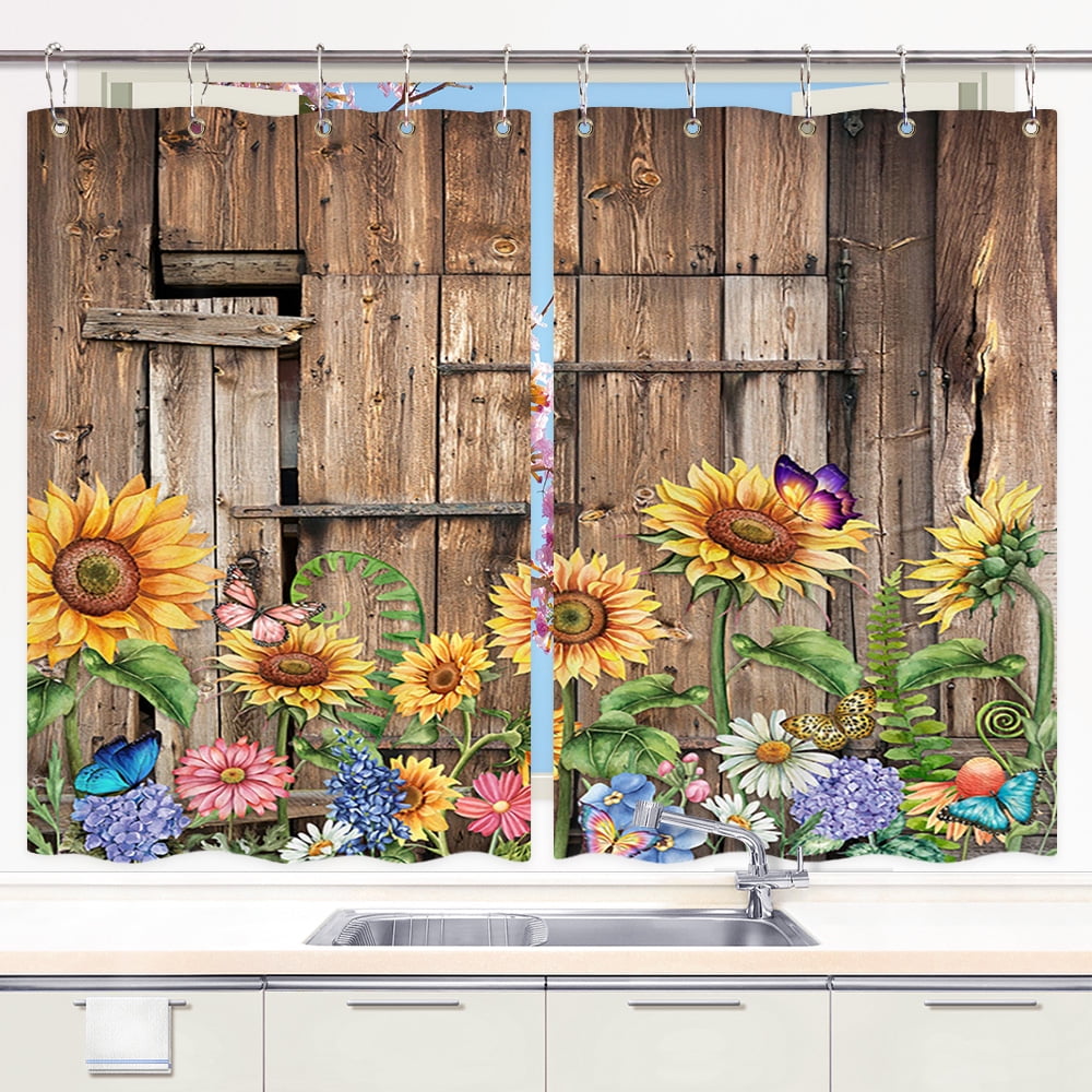 Sunflower Kitchen Curtains Rustic Farmhouse Barn Wood Yellow Flowers