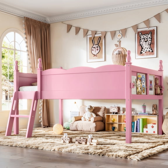 Twin Size Loft Bed with Full-Length Guardrails, Solid Wood Low Loft Bed with Ladders and Beside Book Shelf, Chic Shape and Low Profile Design, Pink