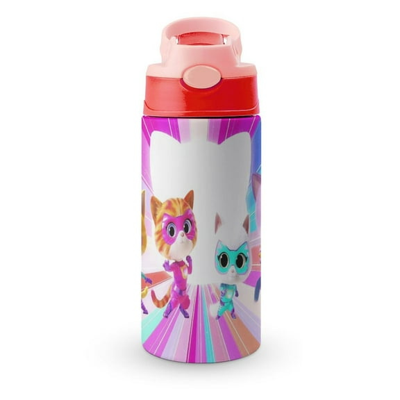 Kids Insulated Water Bottle Super Kitties Stainless Steel Cup with Covered Pop-Up Straw for Boys Girls Pink