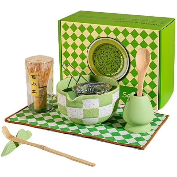 Matcha Tea Set 10 Pack,Ceramic Matcha Bowl with Bamboo Whisk & Accessories, Complete Matcha Making Kit