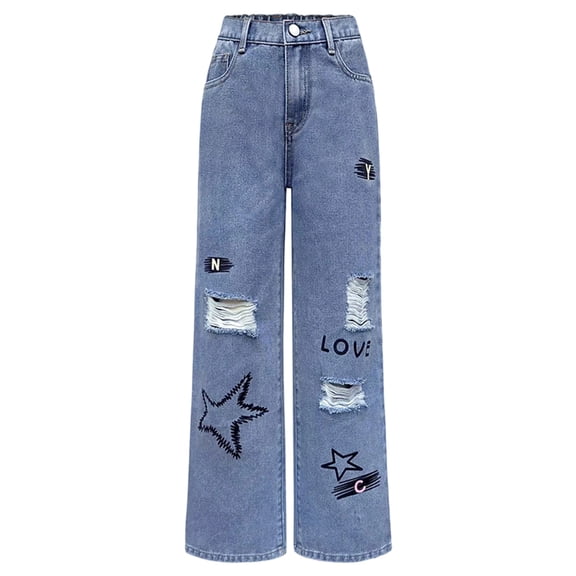 PLHWHYQ Girls Jeans Baggy Straight Leg Demin Pants for Kids Ripped High Waist Streetwear Trousers Jeans Blue 11-12 Years