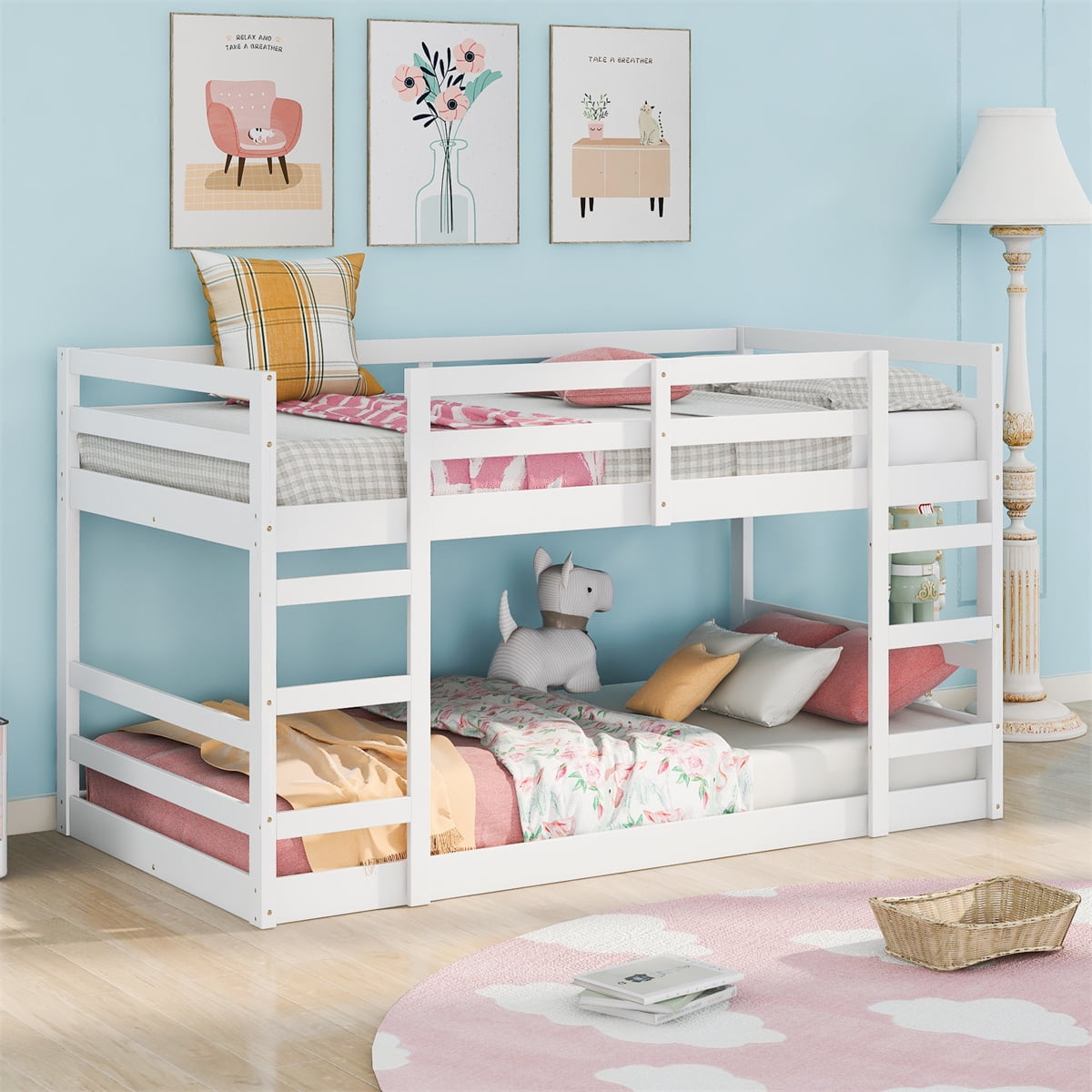Twin Over Twin Bunk Bed with Ladder, Solid Wood Floor Bunk Bed for Kids