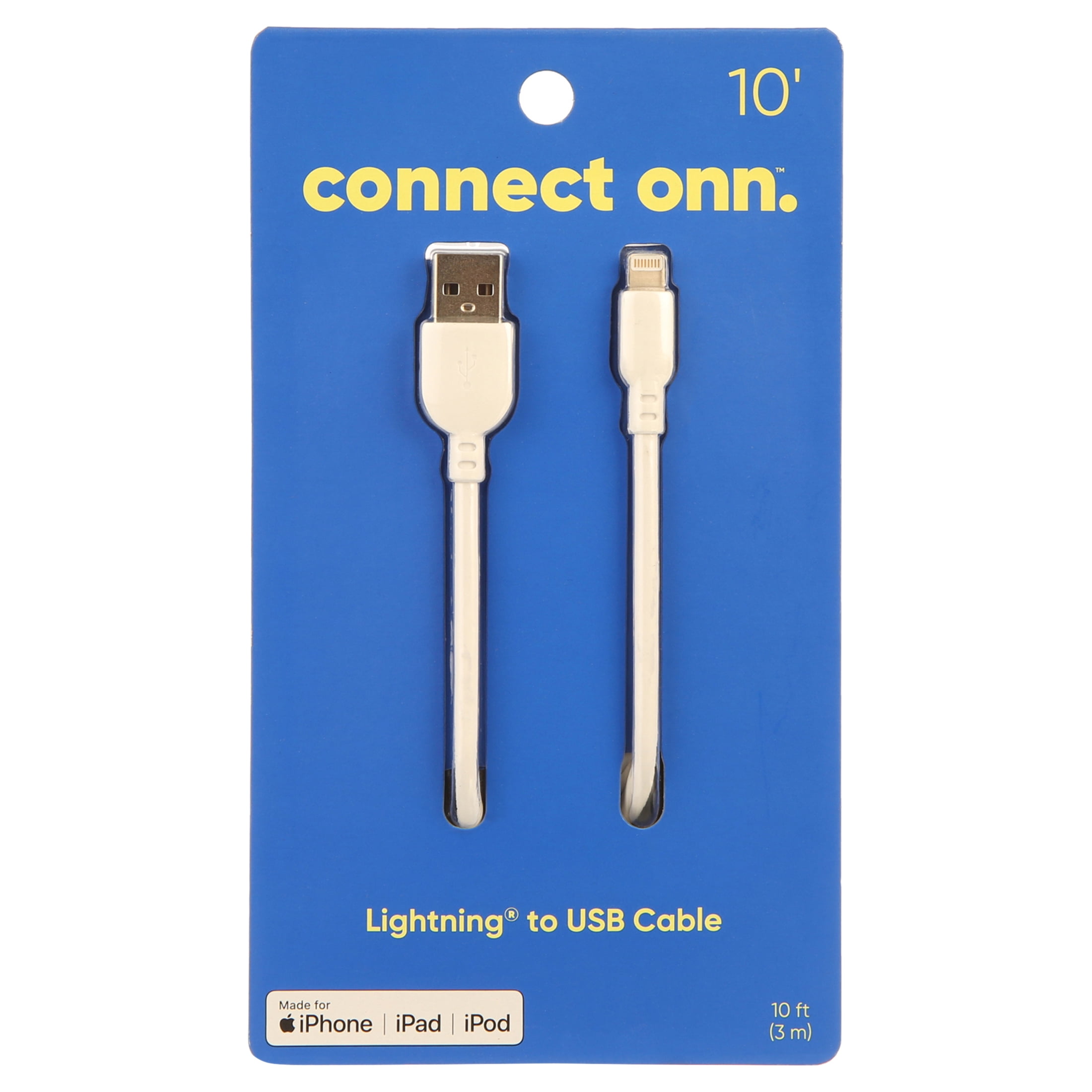 onn. 10' Lightning to USB Cable, White