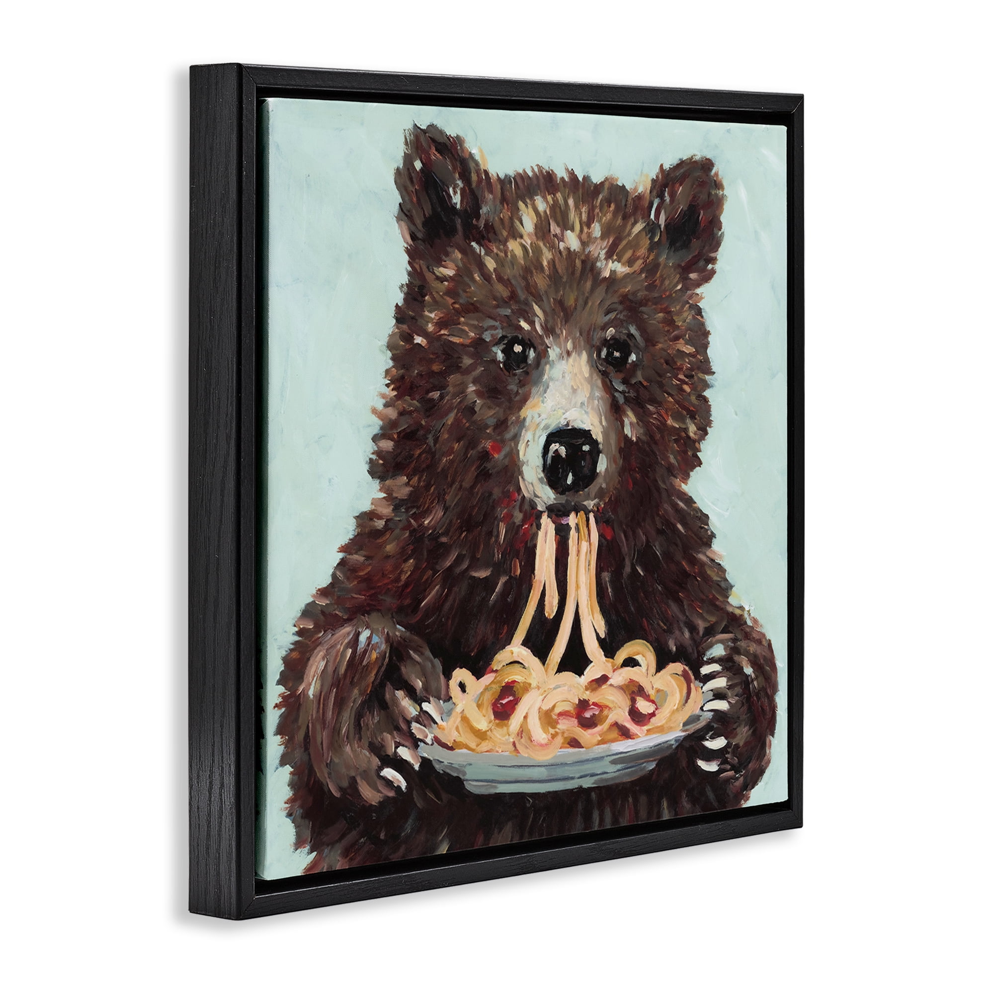 Whimsical Bear & Spaghetti Black Framed Floater Canvas Wall Art, design by Studio Bautista