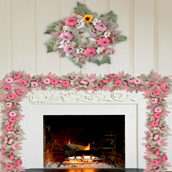 Halloween Decorations Pink Pumpkin Vine with White Maple Leaves, 68.5" Artificial Hanging Fall Rattan for Thanksgiving, Home Party Decor