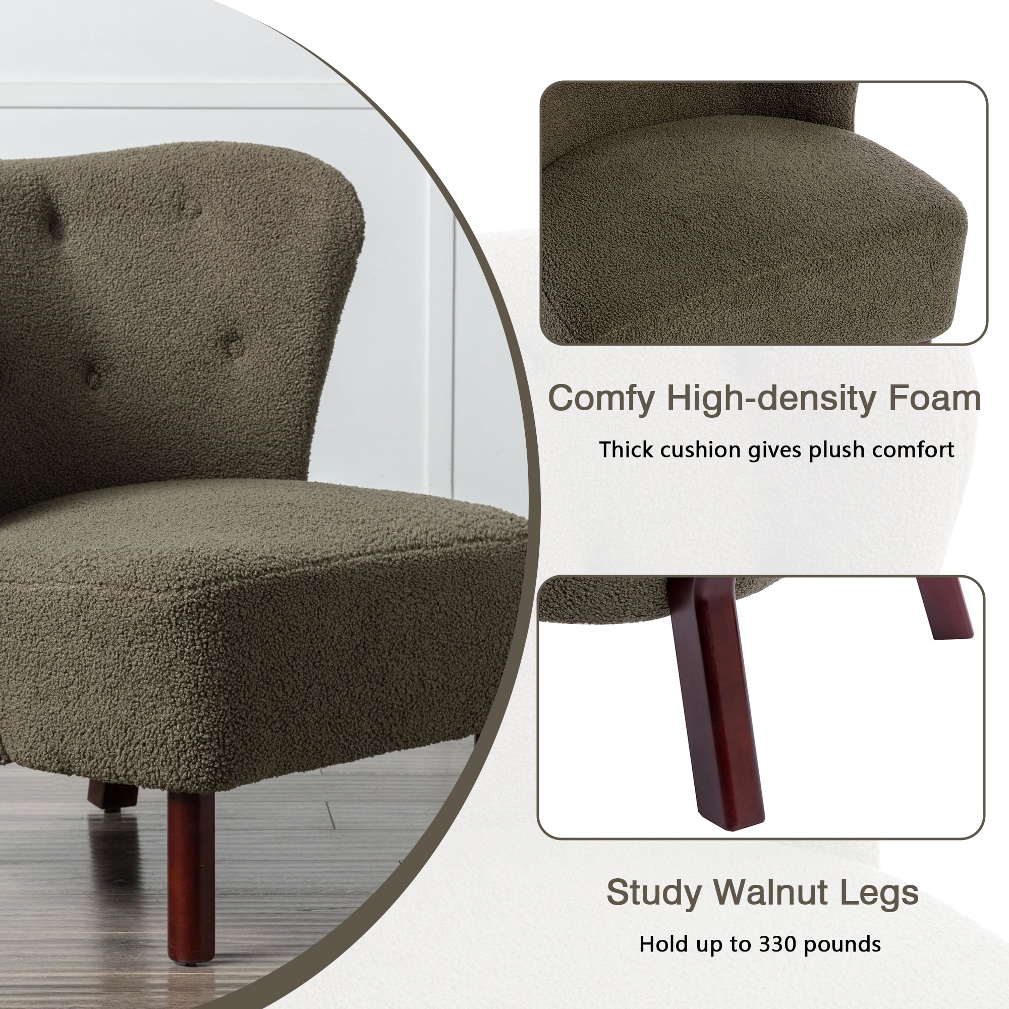 Miniyam Sherpa Boucle Accent Chair with Wooden Legs,Round Upholstered Armless Chair for Small Spaces,Reading Chair,Green