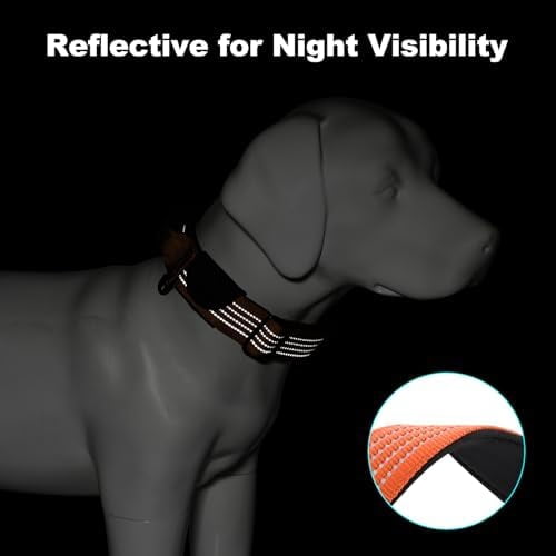 Tactical Dog Collar with Tracker Pocket for AirTag, Adjustable Reflective Nylon Collar, Metal Buckle, Leather-Wrapped Handle, Soft Padded for Medium Large Dogs (Orange, L)