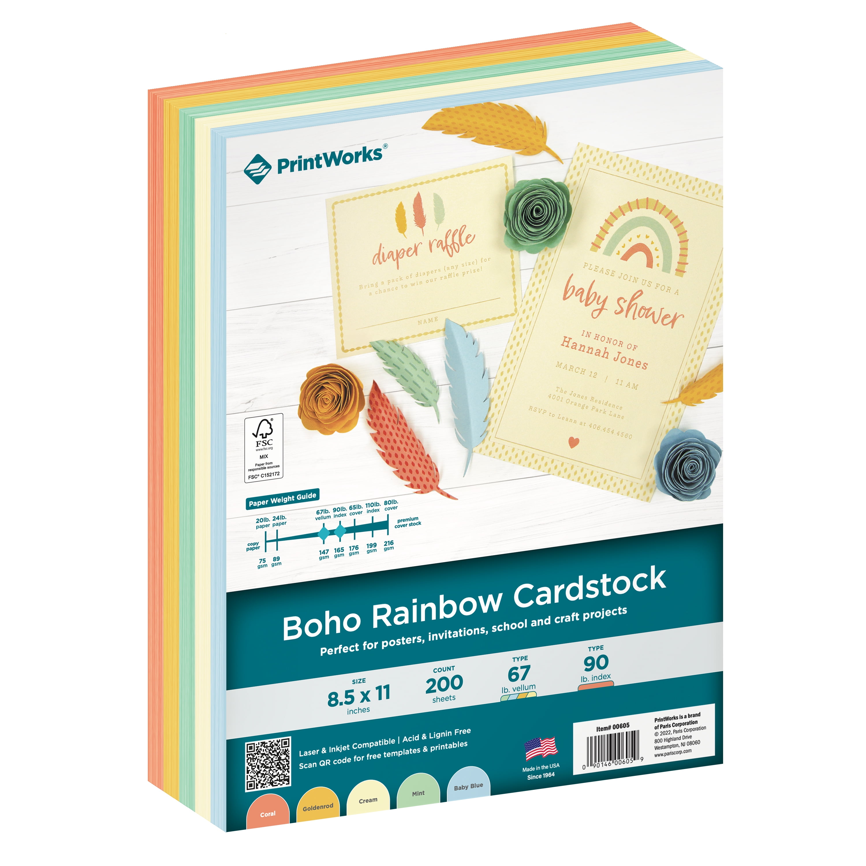 Printworks Boho Rainbow Cardstock, Assorted Colors, 8.5 x 11, 200 Sheets