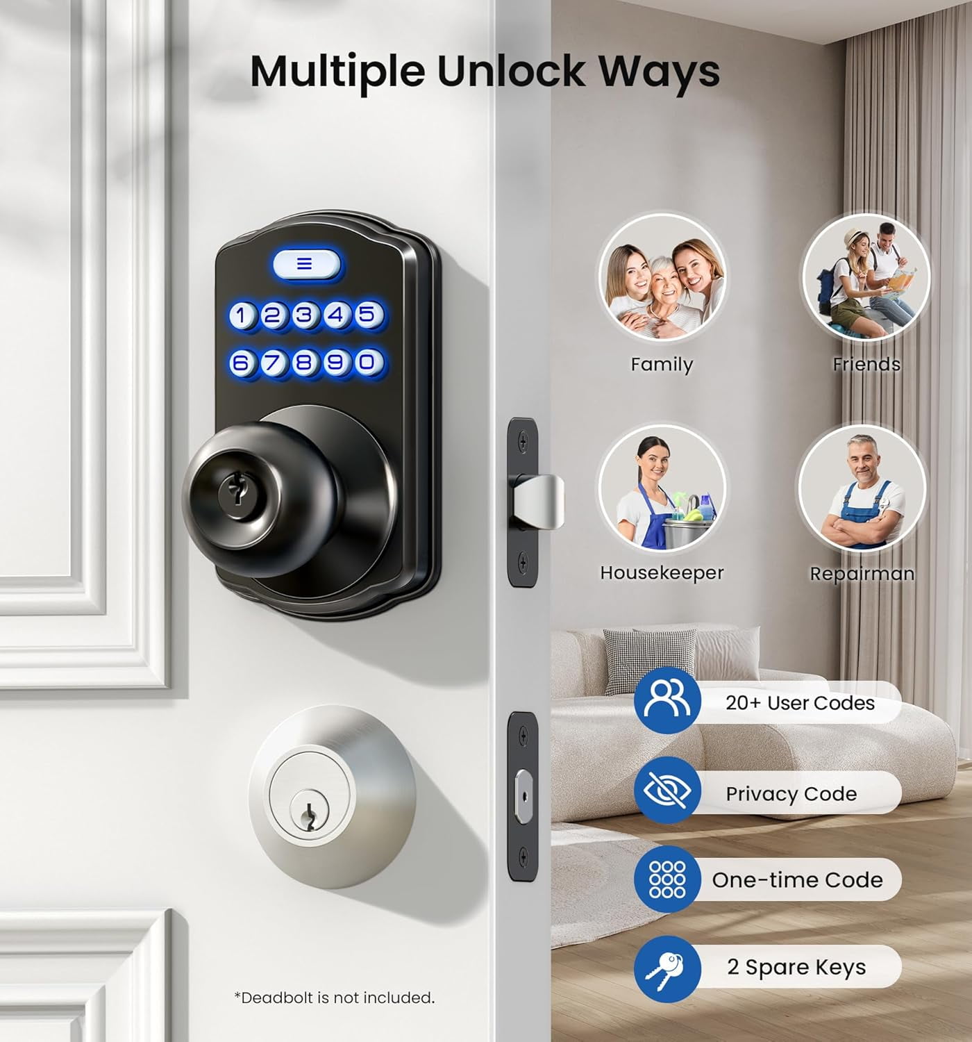 Veise Keypad Door Knob Lock, Keyless Entry Digital Lock for Front Door & Bedroom, Easy Installation, Auto-Locking, Matte Black