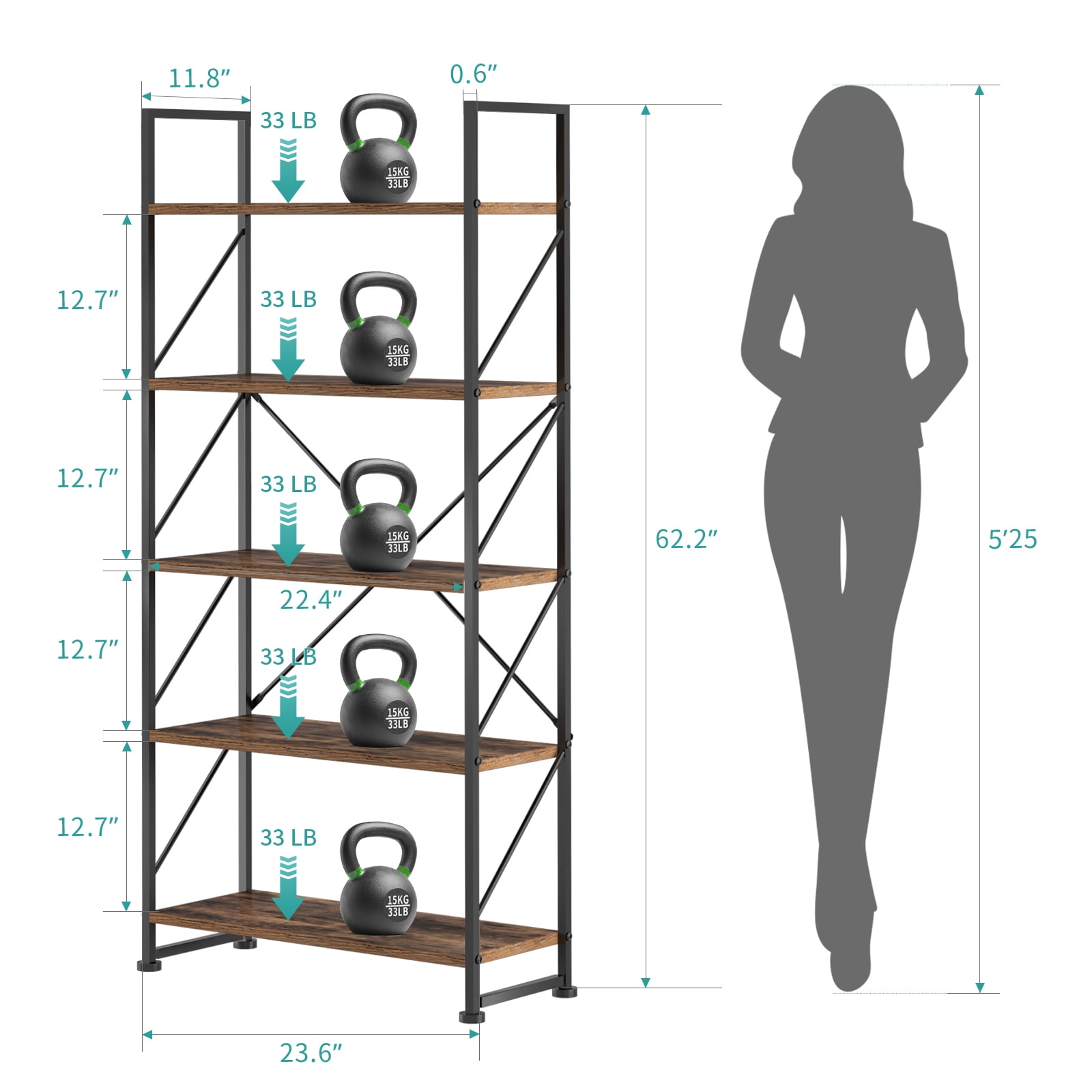 Dextrus 5 Tiers Ladder Bookshelf, 62 inch Classically Modern Bookshelf,Storage Rack Shelves in Living Room/Home/Office,Rustic Brown