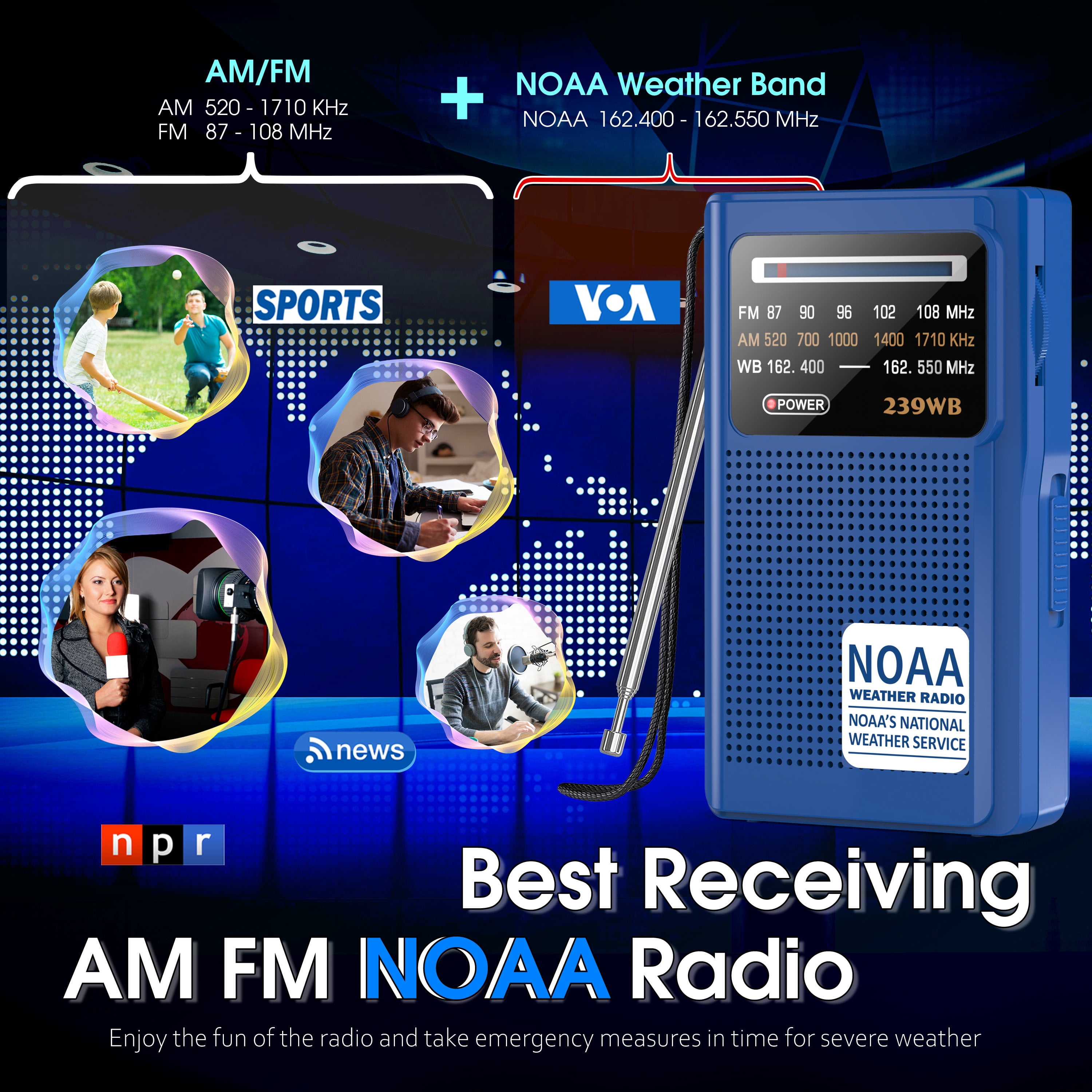 Jazmm NOAA Weather Radio, Battery Operated Transistor Radio with 3.5mm Stereo Earphone Jack, Best Reception, Powered by 2 AA Batteries for Emergency, Outdoor & Home Use (Blue)