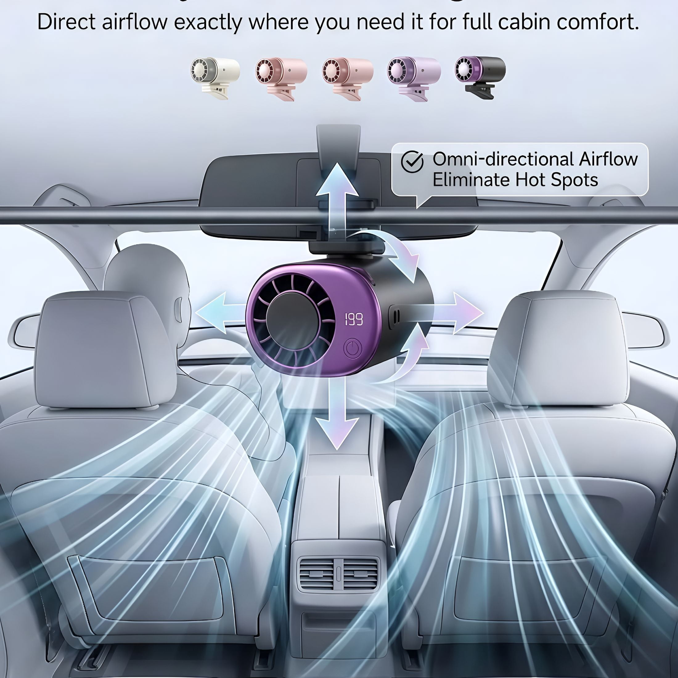 HIBIBUD Clip on Car Air Conditioner Fan with Led Display,Usb Rechargeable Portable Mini Fan,360° Rotation 199 Speed Adjustable Personal Cooling Fan for Office Beach Camping (Black)
