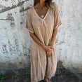 thumbnail image 5 of WTXUE Plus Size Dresses, A-Line Short Sleeve Vestidos Casuales Para Mujer V-Neck, Casual Spring And Summer Loose Skirt Cotton And Linen Dress Solid Mid-Length Women's Plus, Beige Size L, 5 of 6