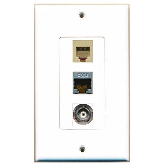 RiteAV - 1 Port Phone RJ11 RJ12 Beige and 1 Port Shielded Cat6 Ethernet and 1 Port BNC Decorative Wall Plate Decorative