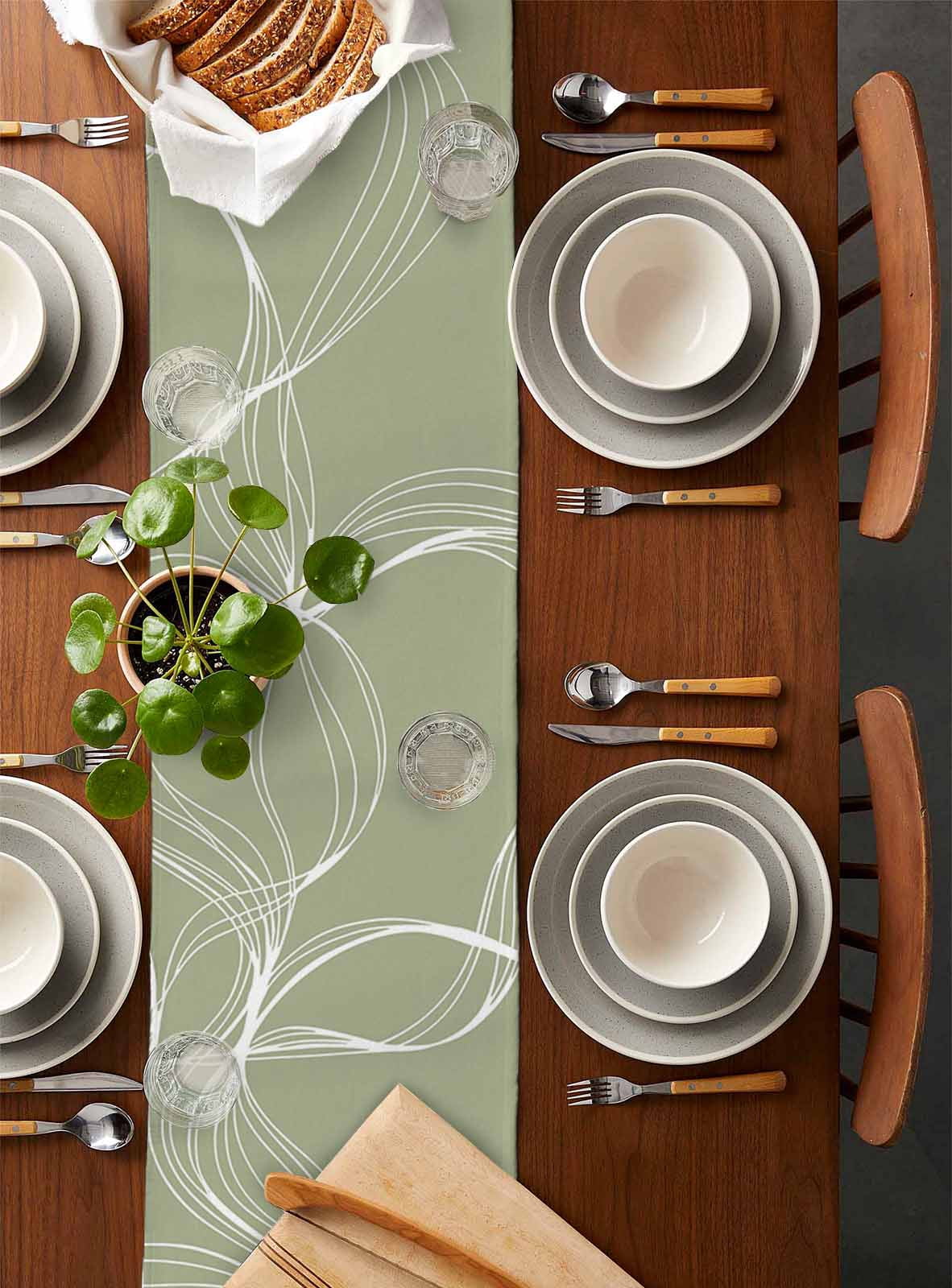 Sage Green Table Runner 36 Inches, Minimalist Abstract Modern White Art Bed Runner Dresser Scarves Tabletop for Indoor Outdoor Parties/Ceremony/Banquet, 13"x 36"