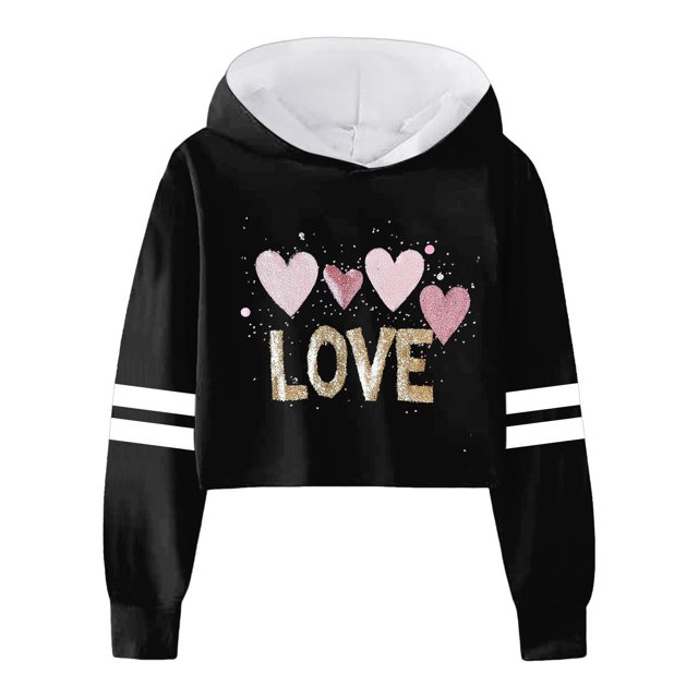 FAOWME Child Girls Long Sleeve Letters Solid Color Crop Sweatshirt Hoodie Pullover Tops For Kids Black 8-9 Years