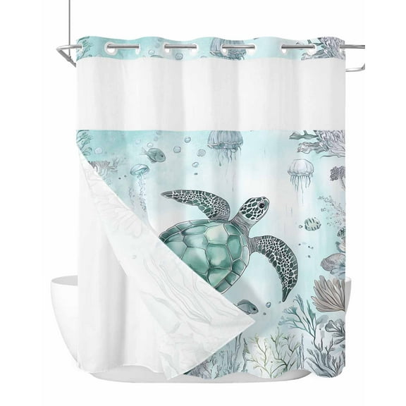 No Hook Cloth Fabric Shower Curtain with Snap in Liner, Coastal Sea Turtle Waterproof Shower Curtains Set with See Through Top Window, Nautical Marine Jellyfish Coral Bath Curtains Shower 72"x72"
