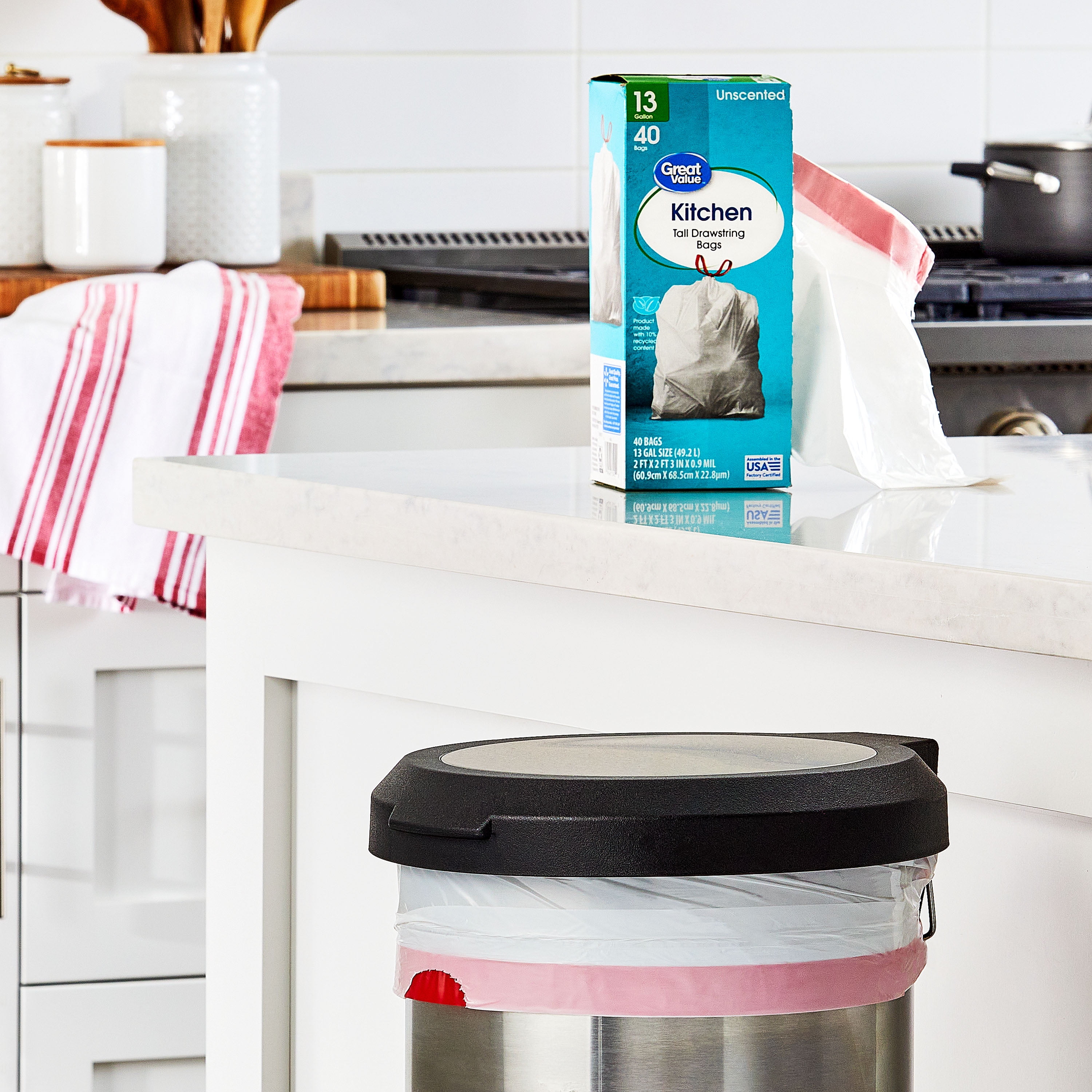 Great Value 13-Gallon Drawstring Tall Kitchen Trash Bags, Unscented, 40 Count