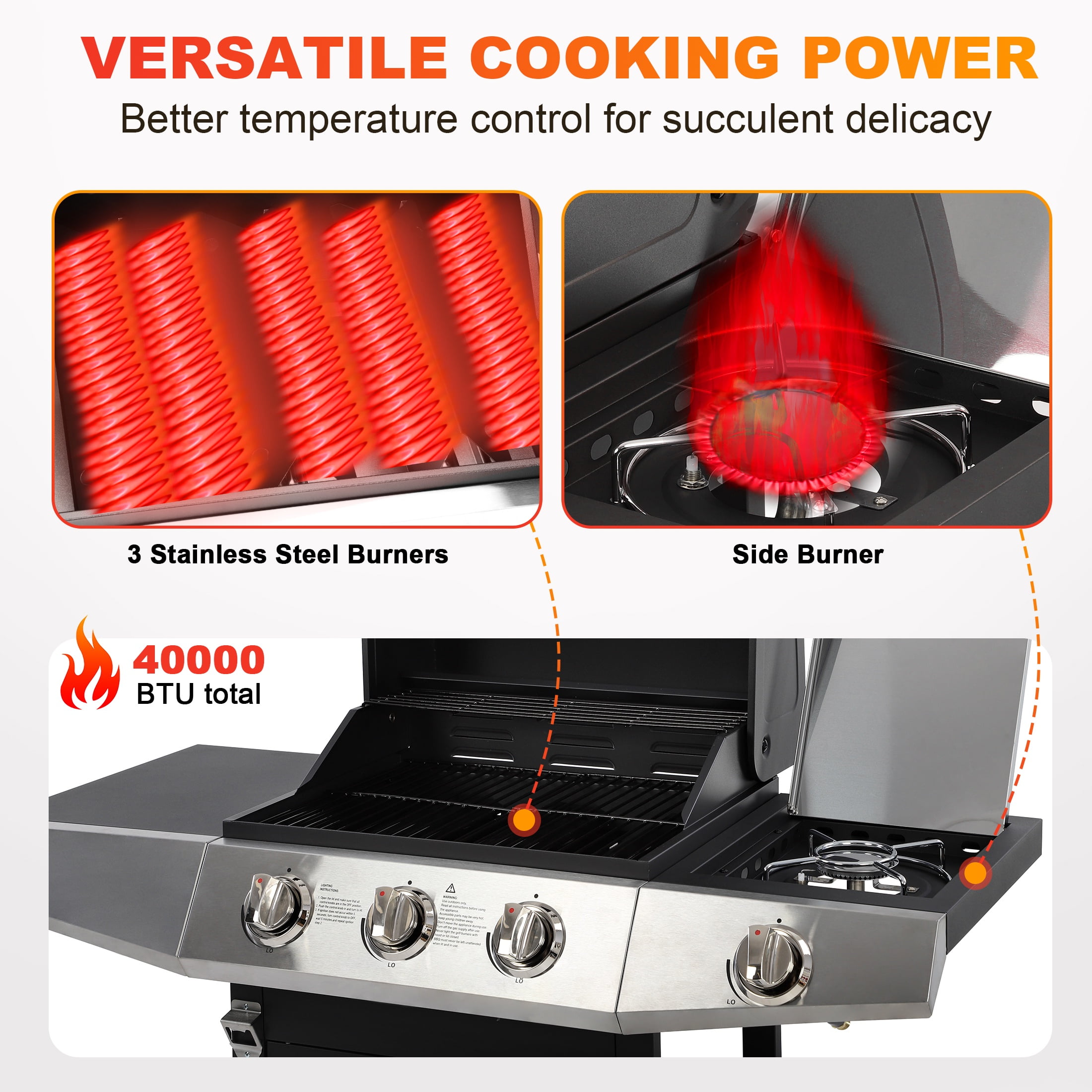 3-Burner Propane Gas Grill with Side Burner, Gas BBQ Grill with Thermometer, Bottle Opener, and Tool Hooks, 40000 BTU Output, Fit for Patio Camping Outdoor Cooking