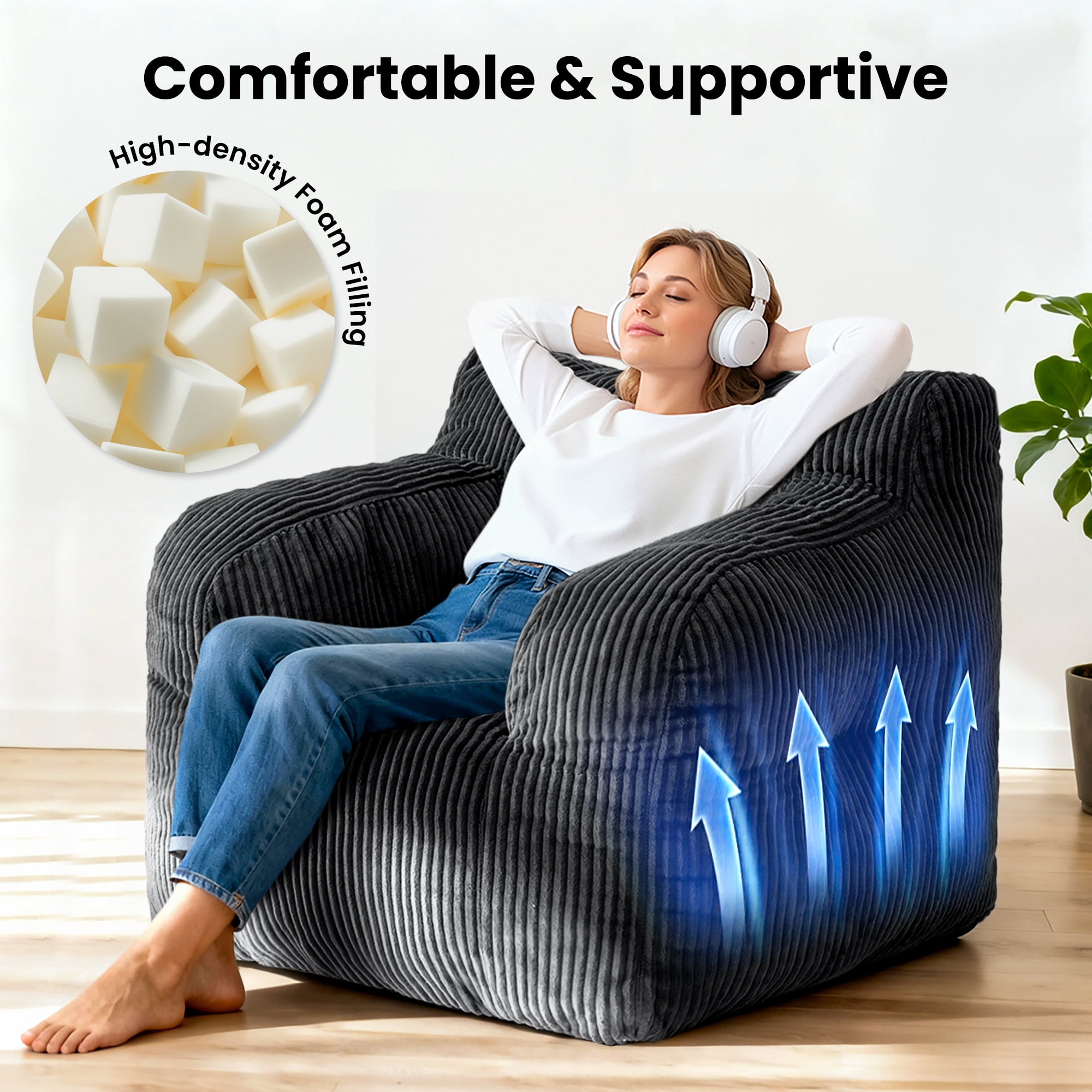 Foam Filled Bean Bag Chair, Plush Corduroy Lazy Sofa