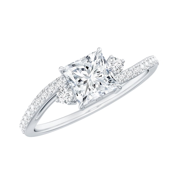 Rosec Jewels Princess Cut Solitaire Moissanite Ring, Bypass Engagement with Side Stones (5 mm), 925 Sterling Silver, US 4.00