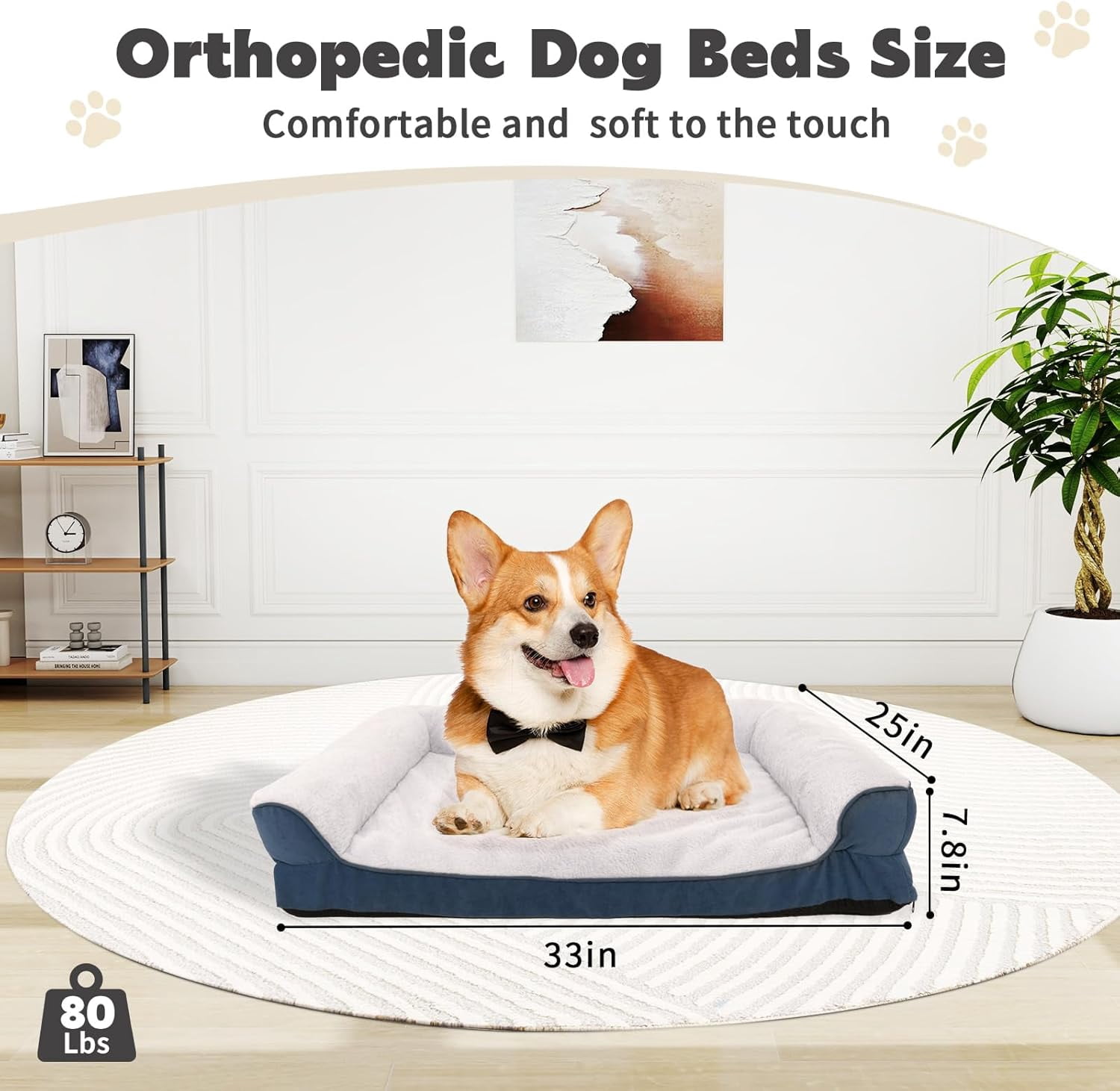 Dog Bed Waterproof Medium/Large Sized XL Foam Pet Beds Removable Washable Cover Dog Sofa Egg Crate Foam Support with Zipper Bottom Bolster Deluxe Plush Mat (Blue + White+33x25x7.8in)