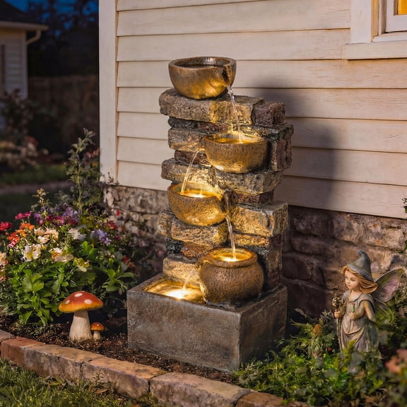 Outsunny Outdoor Fountain with 5-Tier Rustic Jugs and Rock, Resin Freestanding Garden Fountain with LED Lights, Adjustable Flow, Rustic Brown