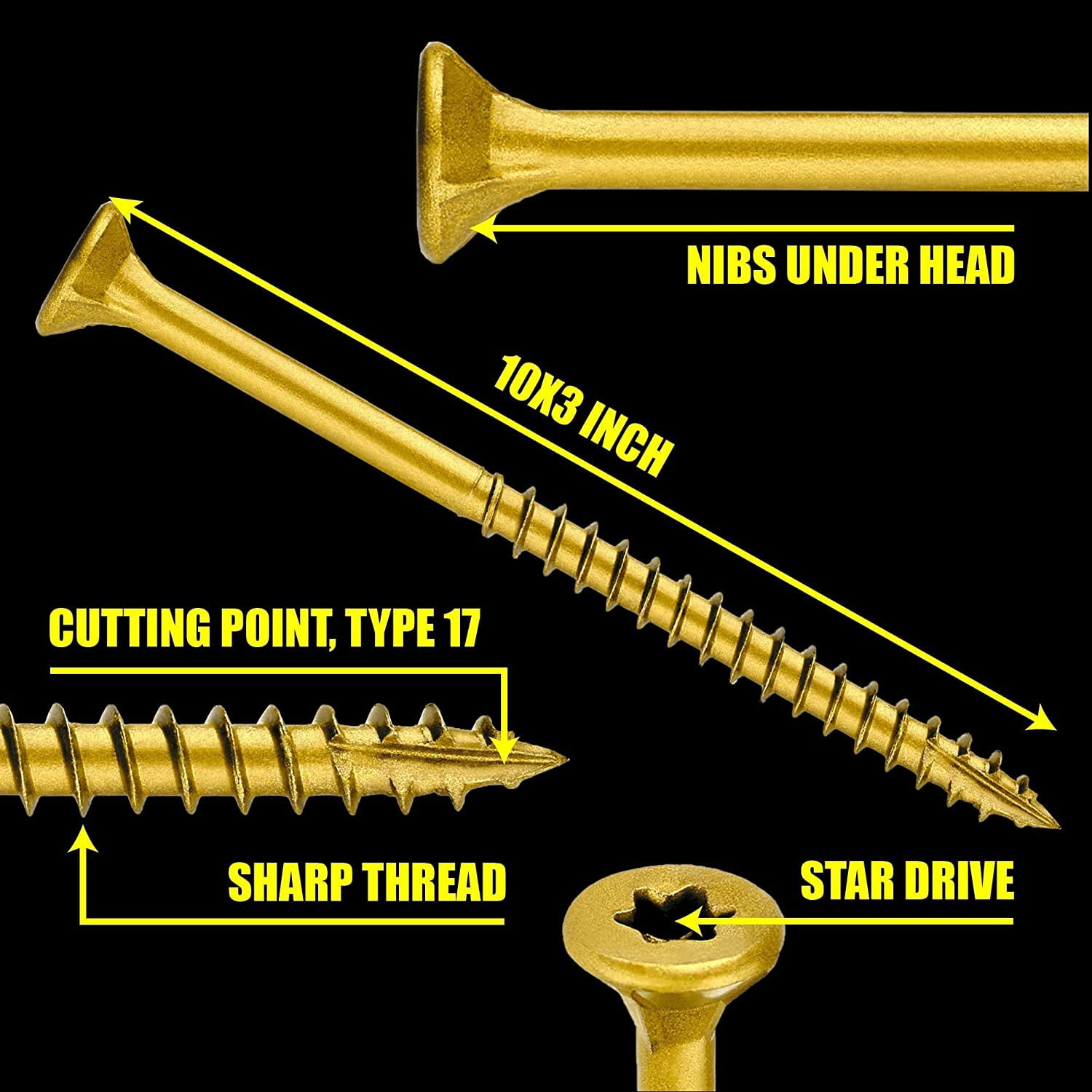 Grindy Deck Screws #10 x 3’’ (200pack/3.3LBS) - Self Drilling Wood Screws I T25 Star Drive I Bit Included