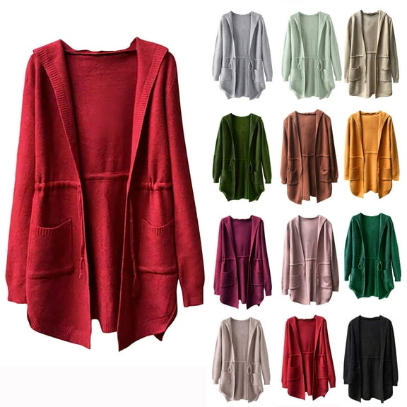 Lovskoo 2024 Cardigan Sweaters for Women Long Sleeve Tops Waistband Knit Shirt with Pockets Hooded Sweater Jacket Gray