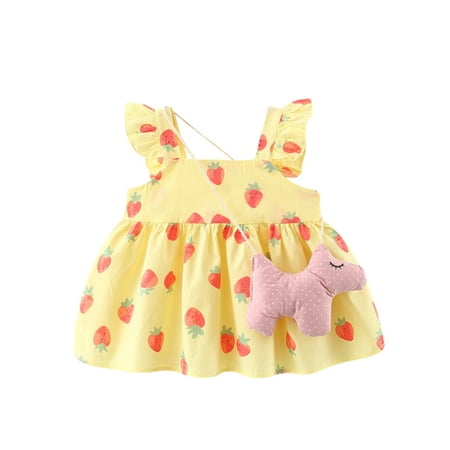 

Baby Girls Summer Sweet and Cute Dress Casual Strawberry Print Flying Sleeves Dress with Cute Horse Bag for Toddler Beach Party Wear 1-2 Years Suggset