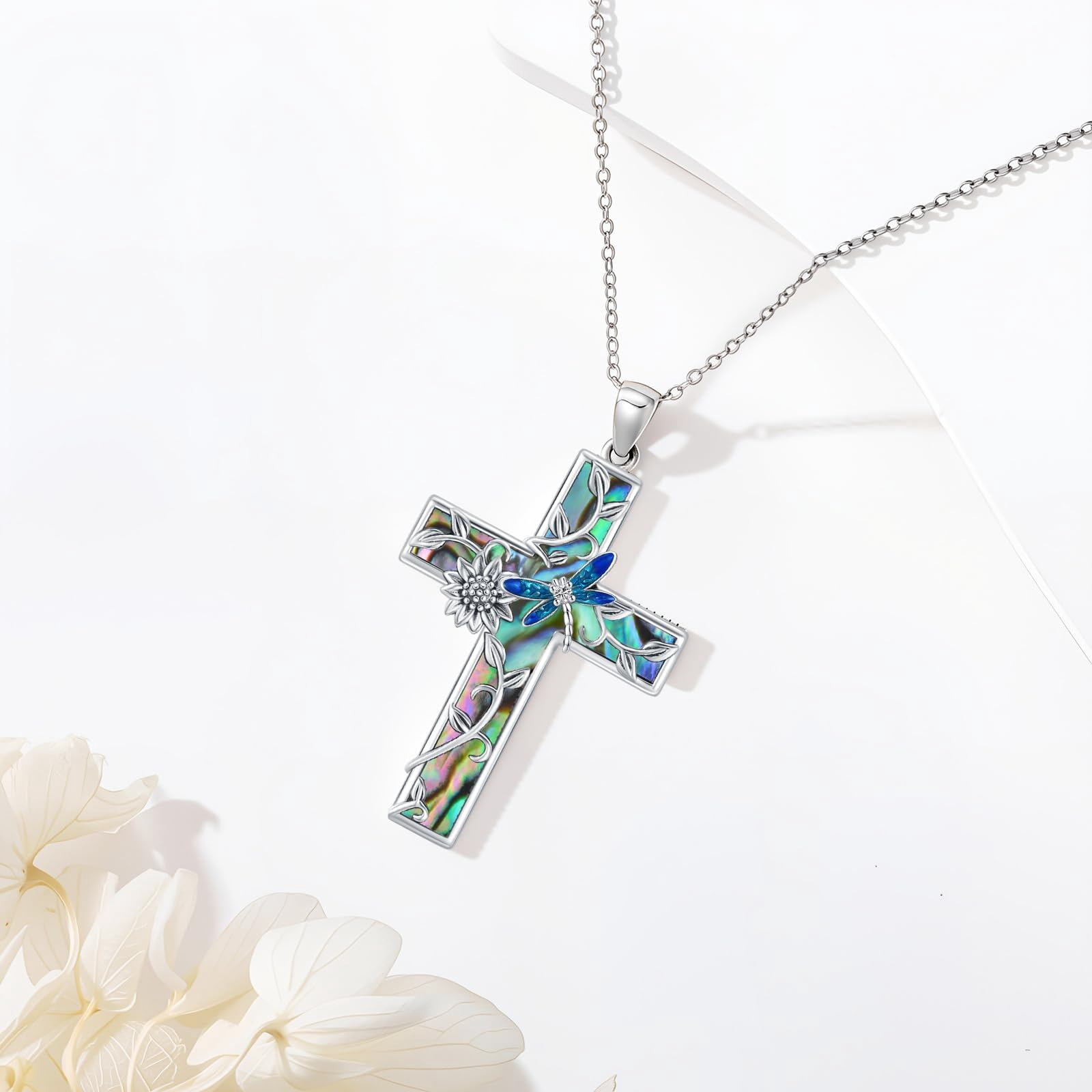 Coachuhhar Sunflower Cross Necklace 925 Sterling Silver Dragonfly Pendant Necklace Abalone Jewelry Gifts for Women Mom Birthday