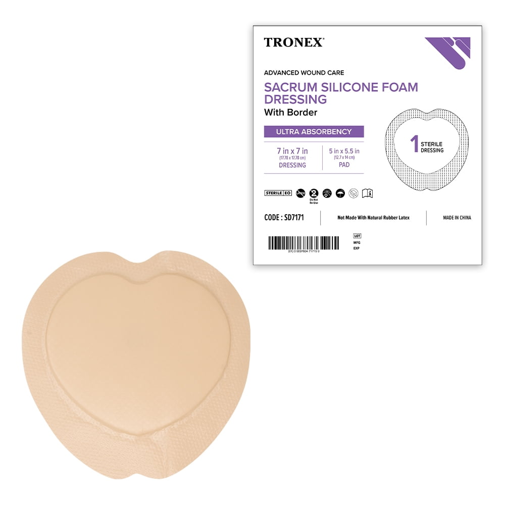 TRONEX SD7171 Sacrum Silicone Foam 7"x7", Adhesive Border, Waterproof, Sterile, Ultra Absorbency, Breathable, Advanced Wound Care, Gentle Removal, Latex Free, Beige, Pack of 10