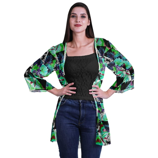 Moomaya Vêtements de Plage en Georgette Imprimée pour Femmes, Cardigan Court