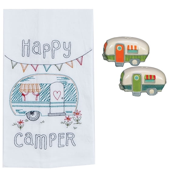 New Happy Camper 3 Piece Kitchen Bundle, Towel with Salt and Pepper Shakers