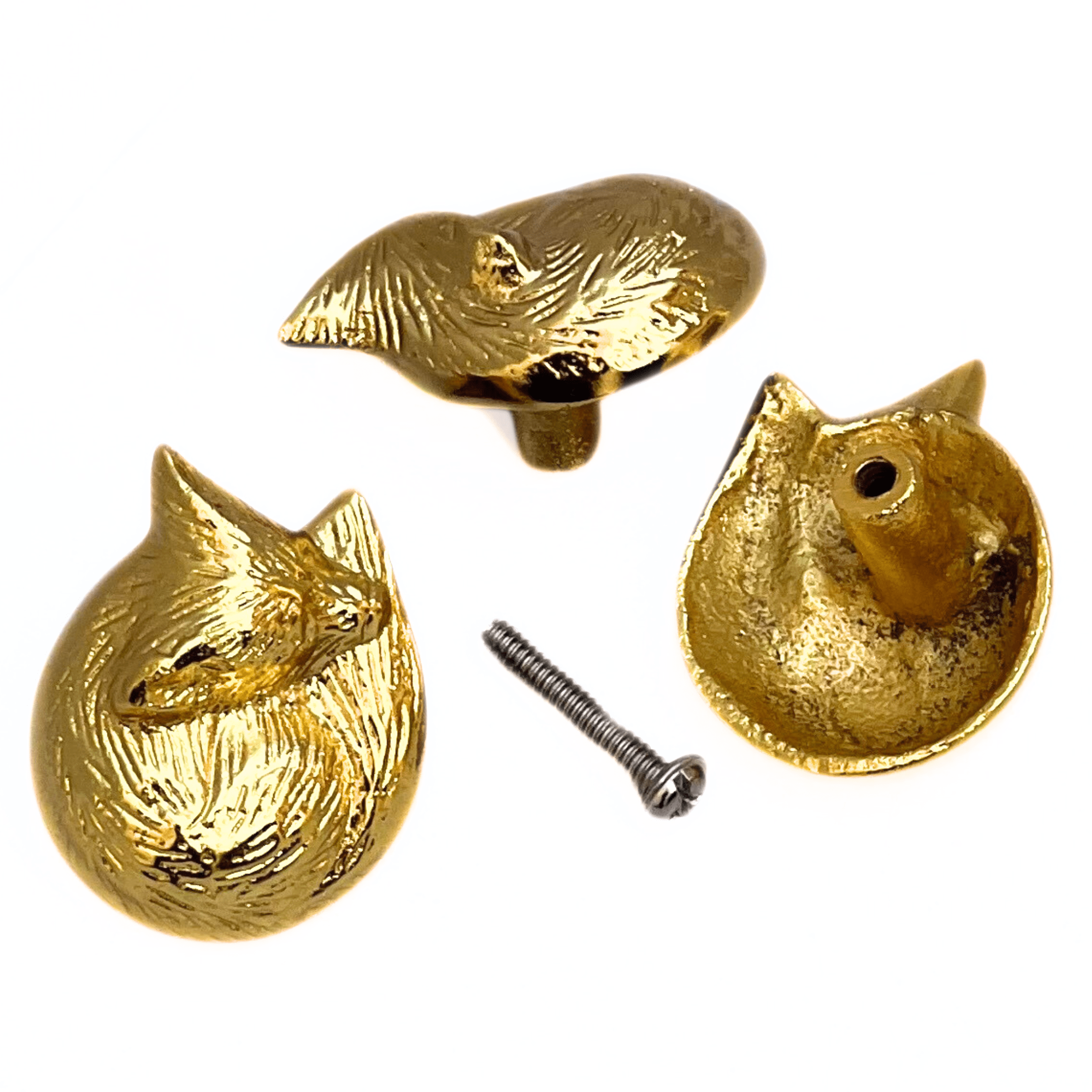 Shiny Brass Sleeping Fox Cabinet Knobs – Animal Drawer Pulls for Room, Cupboard, Closet, Dresser & Furniture Hardware | Wood Decor Knob Set (Pack of 3)
