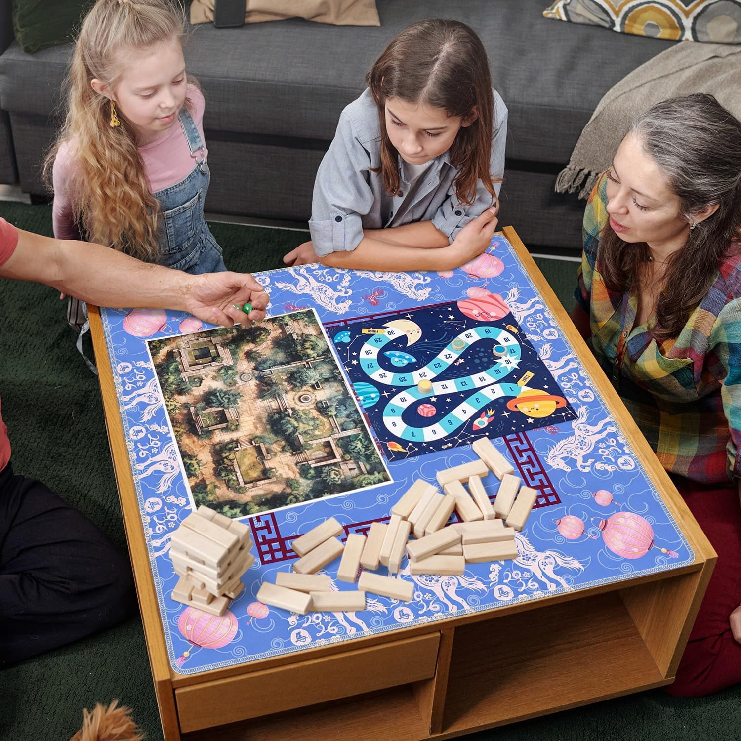 Blue Chinoiserie Horse Lantern Mahjong Mat for Table 31.5 x 31.5 in, Blue and Red Traditional Oriental Horse Non-Slip Noise Reduction Game Table Cover for American Mahjong Card Board Tile Games
