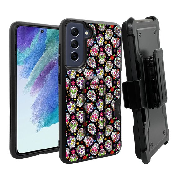 ANJ  Rugged Dual Layer Hybrid Holster Kickstand Case w/ Card Slot   Tempered Glass Cover for Samsung Galaxy S21 FE 5G - Sugar Skull 2