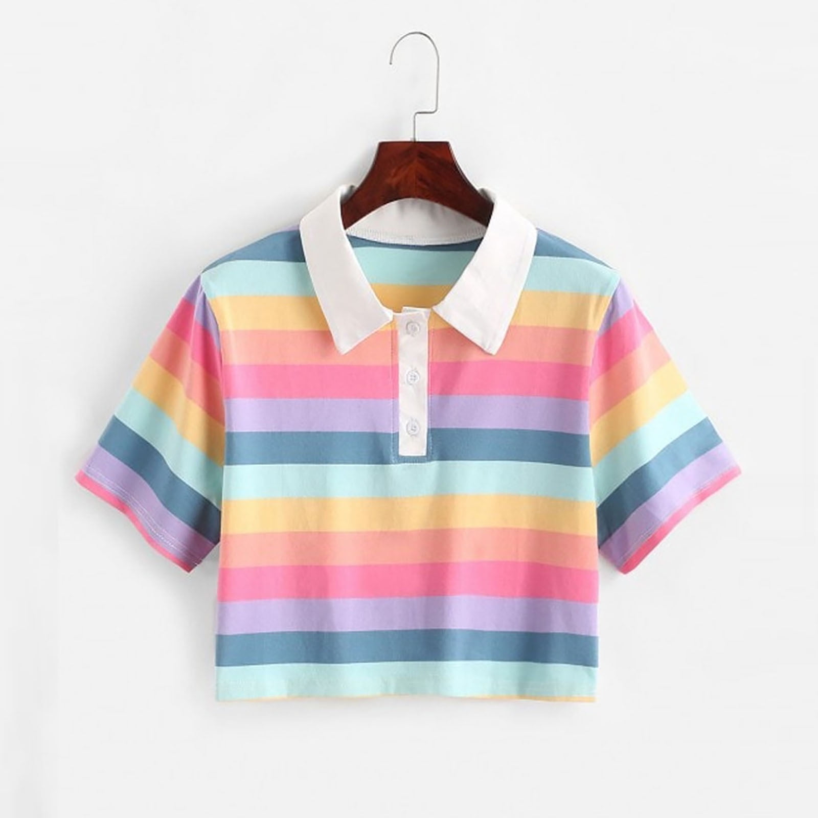JGGSPWM Rainbow Strip Shirts for Women Preppy Crop Tops Summer
