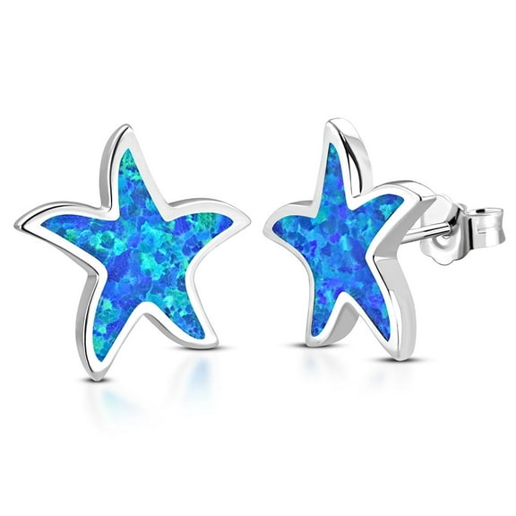 Sterling Silver Blue Turquoise-Tone Simulated Opal Starfish Earrings