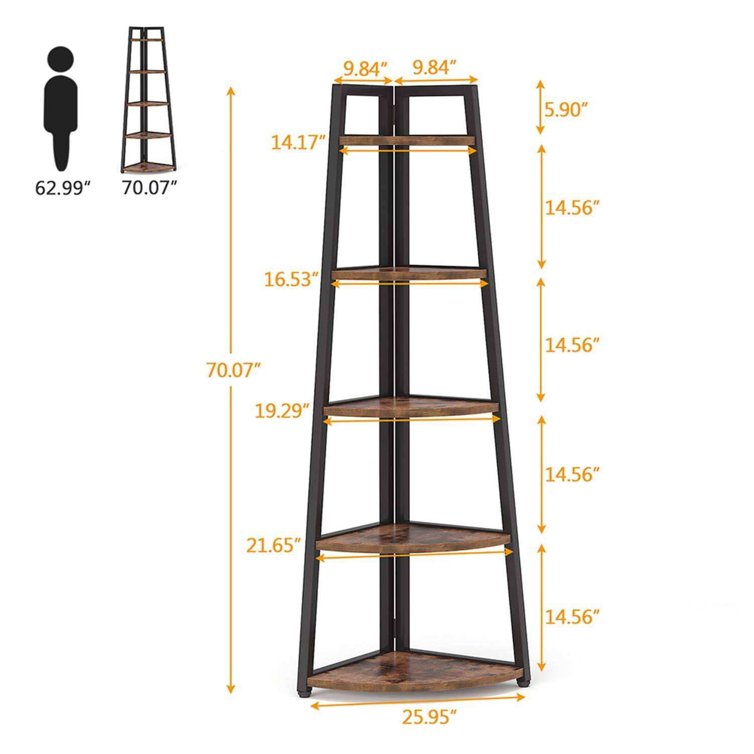Demi Bonn 5-Tier Corner Bookshelf, Wood and Metal Bookcase Storage Organizer, 70" Tall Display Standing Shelf Unit for Bedroom, Living Room, Brown
