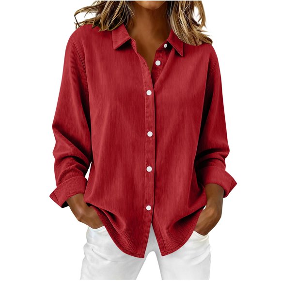 Yigetop Corduroy Button Down Shirt Women Women's Solid Color Lapel Shoulder Corduroy Long Sleeved Shirt Casual Street Style Top Button Down Shirts for Women Red M