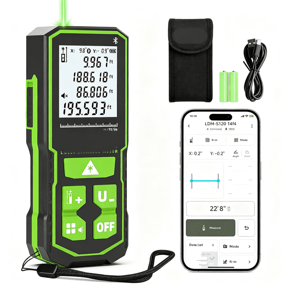 XUBIYM Bluetooth Green Laser Measuring Tool 200Ft,S60-G-Bt|App Control,Green Beam,1/16" High Accuracy,Rechargeable Usb-C Laser Distance Meter,Angle Sensor,Ip54,Gifts for Men