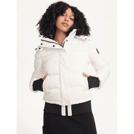 DKNY SPORT Women s Ribbed Hooded Puffer Jacket XS White/Black MSRP $189.50