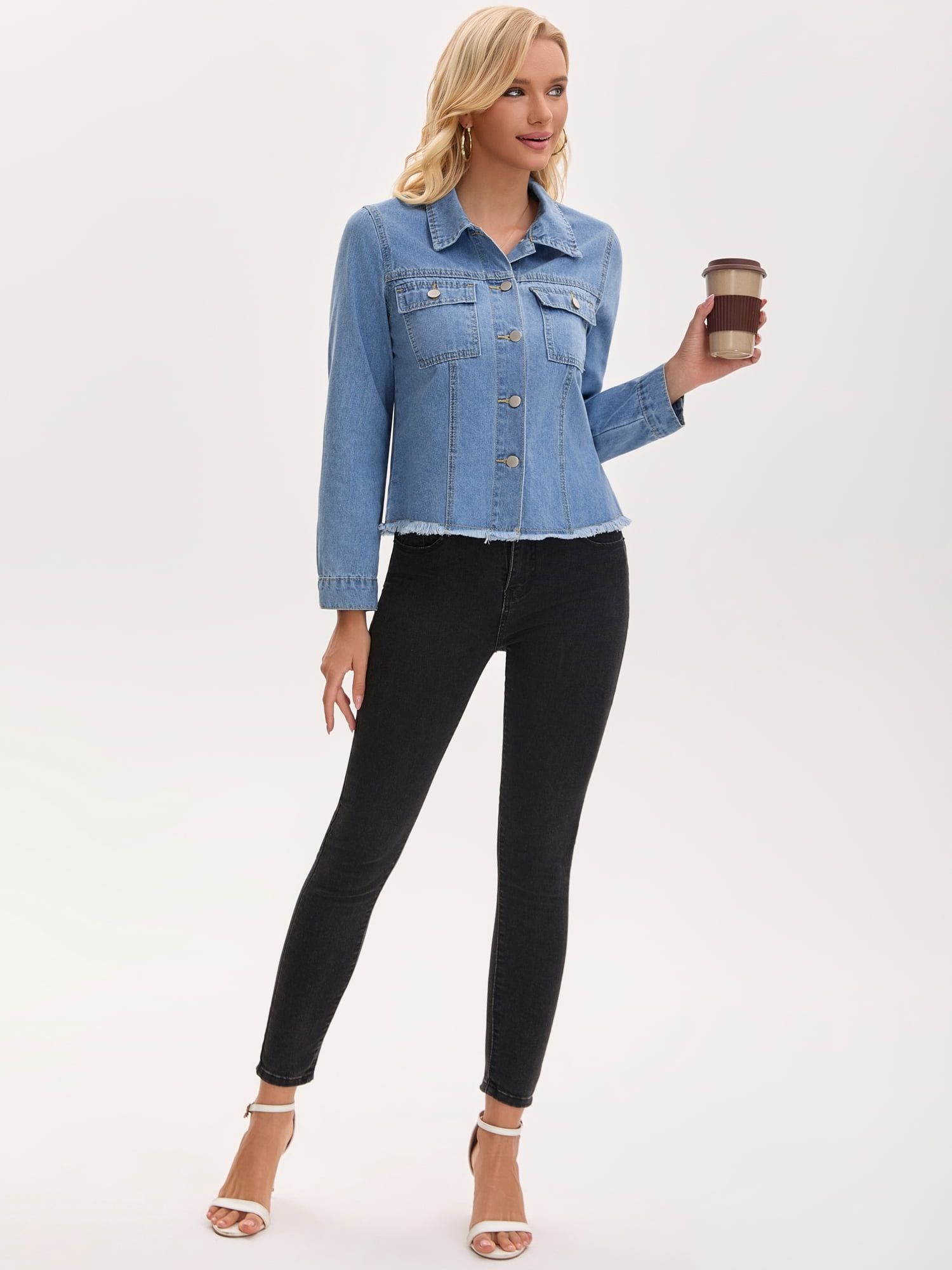 DARING DIVA Women's Long Sleeve Lightweight Frayed Hem Jean Shacket S Blue