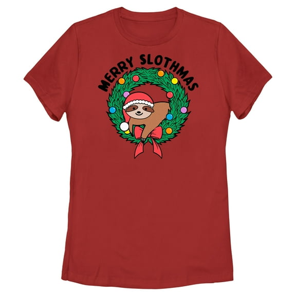 Women's Lost Gods Merry Slothmas  Graphic Tee Red Medium