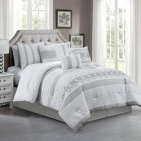 Chezmoi Collection Ariel 7-Piece Geometric Chenille Embroidery Comforter Bedding Set Full Gray