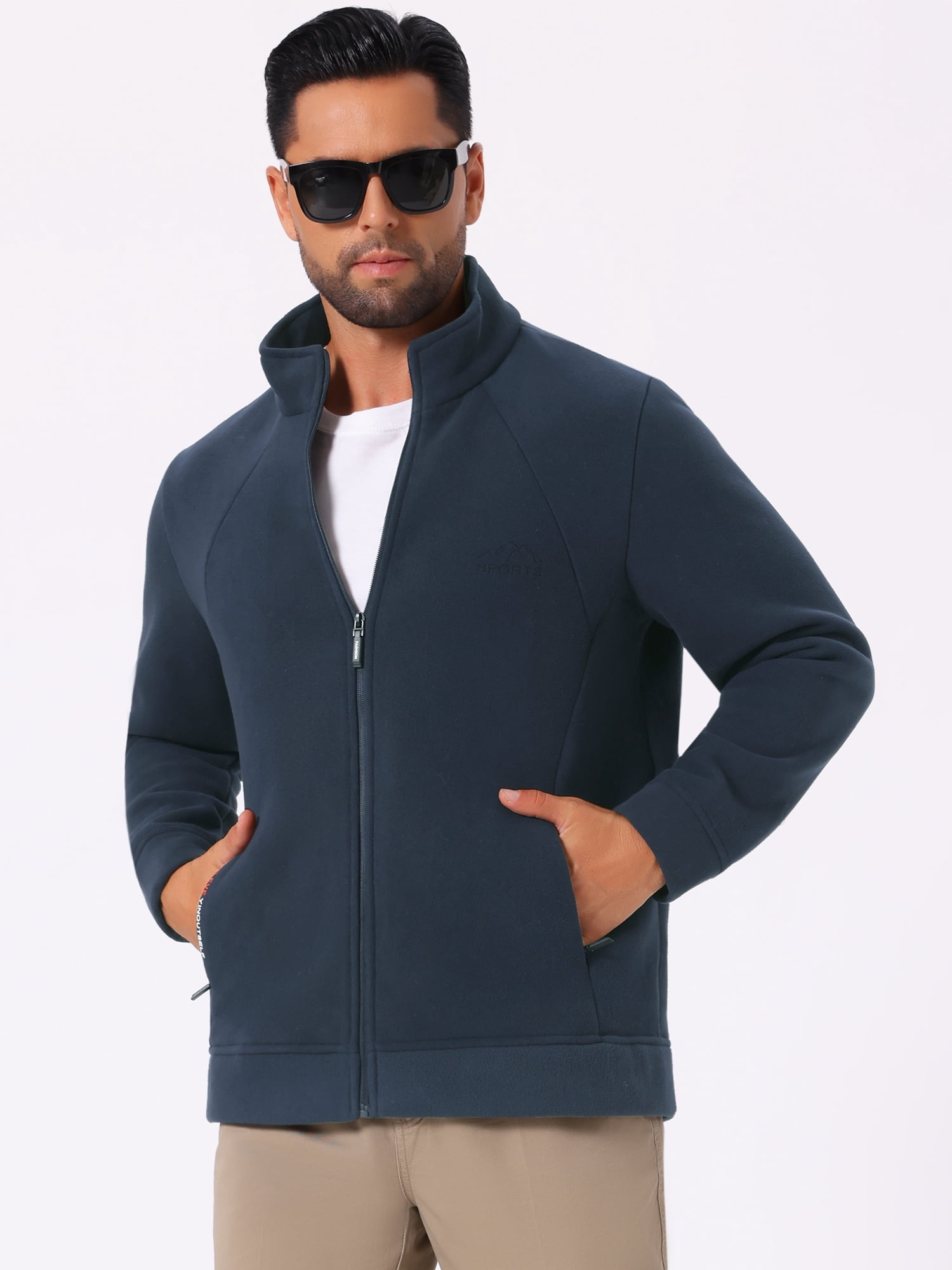 DARING DIVA Men's Winter Solid Stand Collar Zipper Soft Fleece Jacket L Blue